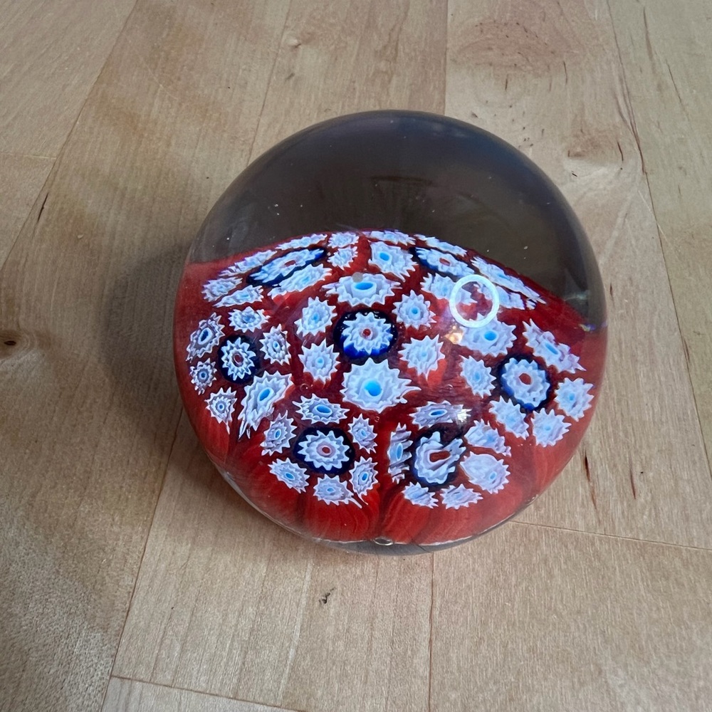 Murrine Millefiori Paperweight 2" Vintage Murano Glass Red White Blue